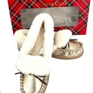Charter Club Gold Moccasin Slippers with White Faux Fur